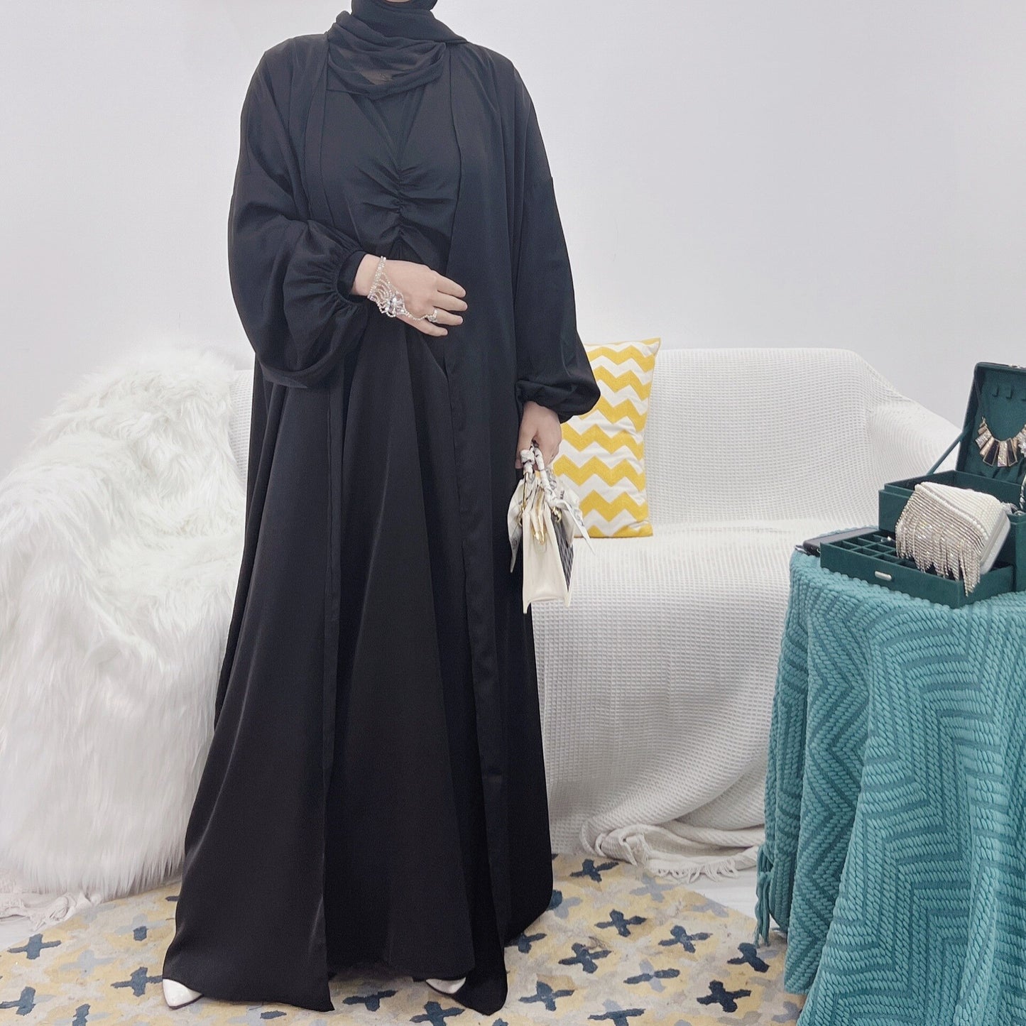 3 Piece Open Abaya Matching Set Hijab